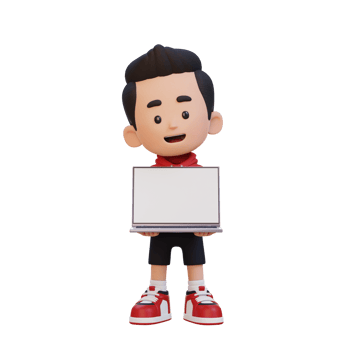 3D kid Character Holding and Presenting to a Laptop with Empty Screen png