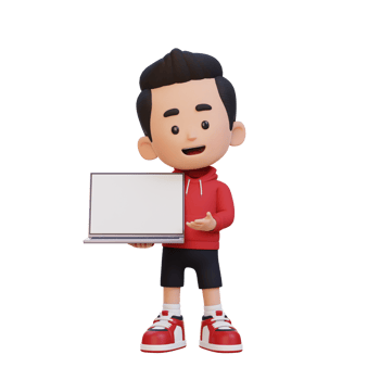 3D kid Character Holding and Presenting to a Laptop with Empty Screen png