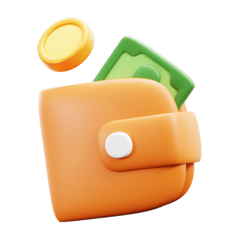 3d an orange wallet with money and coins on it png