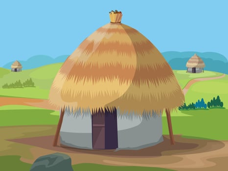 Indian village hut house, Indian village farmer cottage green agricultural land vector