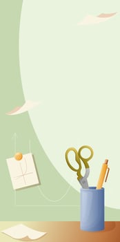 vertical banner template with different studying supplies - paper, scissors, pen. Vector illustration background with copy space. School items design for poster, social media, cover, web app.