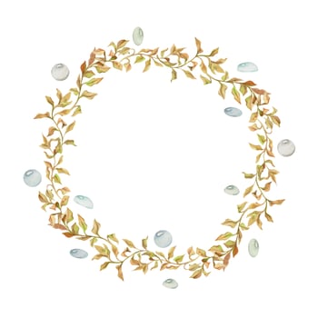 Hand drawn watercolor aquarium plants, algae and seaweed. Marine exotic underwater illustration. Isolated on white background. Circle wreath Design for shops, brochure, print, card, wall art, textile. vector