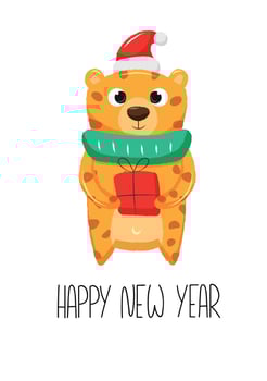 Cartoon cute jaguar character with festive scarf and gift box in paws. vector