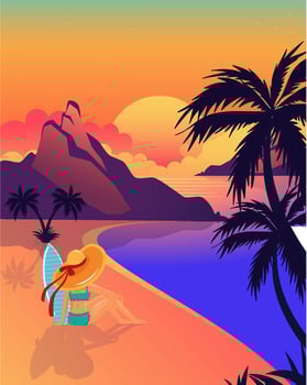 Flat Illustration of beach surfer girl, happy to enjoy sunset. Beach panorama on summer vacation. vector