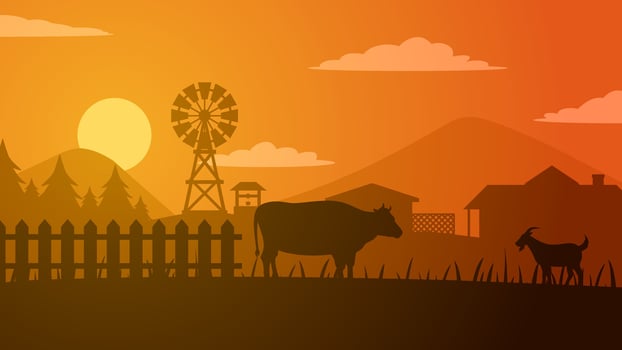 Farmland silhouette landscape vector illustration. Scenery of livestock and windmill in the countryside farm. Rural panorama for illustration, background or wallpaper