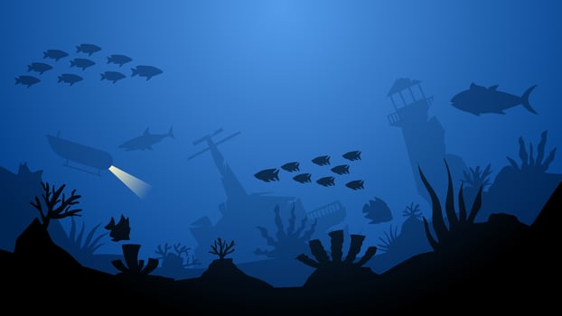 Seascape vector illustration. Scenery of sunken lighthouse and shipwreck at the bottom of the sea. Underwater panorama for illustration, background or wallpaper