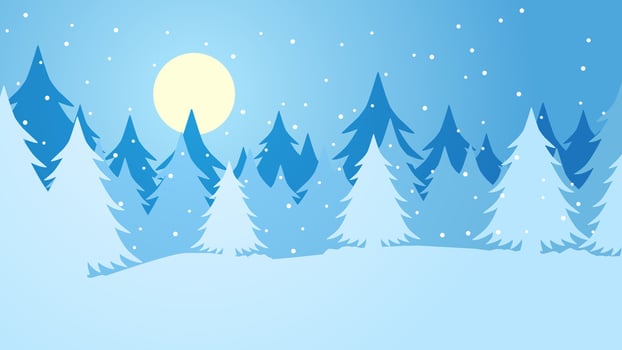 Snowy forest landscape vector illustration. Scenery of snow covered pine forest in winter season. Winter forest panorama for illustration, background or wallpaper