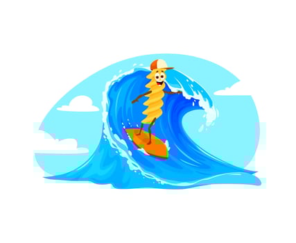 Cartoon cheerful Fusilli pasta rides on surfboard vector