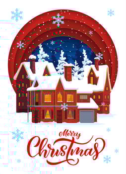 Christmas paper cut banner with snowy winter town vector