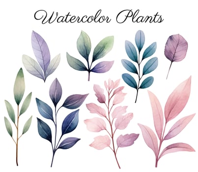 Watercolor botanical set. Delicate watercolor plants for wedding invitations, posters. Vector plants pastel colors.