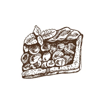 Hand-drawn sketch of piece of traditional cherry pie with mint leaves. Vector illustration of baking. Homemade bakery drawing. Dessert food for recipes, restaurant. Food for Thanksgiving, Christmas