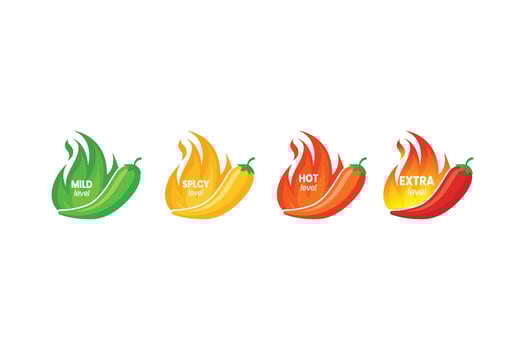 Hot spicy level labels with chili pepper and flame vector