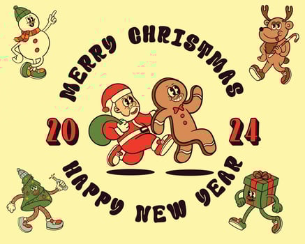 santa and gingger bread cartoon retro vector