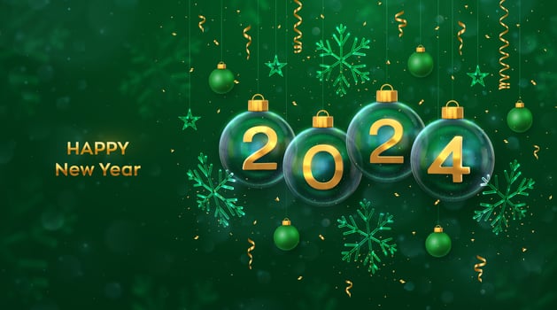 Happy New Year 2024. Golden metal 3D numbers 2024 in transparent glass bauble. Hanging Christmas balls, ice snowflakes and stars, confetti. Greeting card, poster, banner, flyer. Vector Illustration.