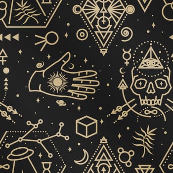 Gold esoteric seamless pattern, background. Vector. Thin line geometric pattern. Outline texture for alchemy or sacred geometry. Mystic and magic design with philosopher stone, skull vector