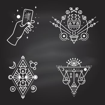Esoteric symbols. Vector. Thin line geometric badge. Outline icon for alchemy or sacred geometry. Mystic and magic design with all-seeing eye, hand, cup and snakes, law scale. vector
