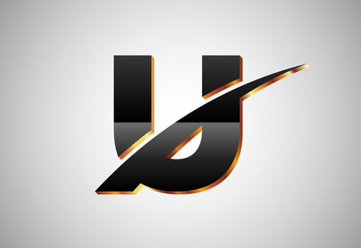 Gold and black color alphabet U with swoosh. Elegant Gold Color alphabet vector illustration