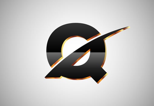 Gold and black color alphabet Q with swoosh. Elegant Gold Color alphabet vector illustration