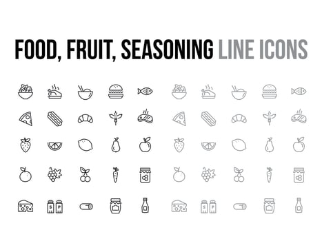 Food, fruit, seasoning vector thin line icon collection