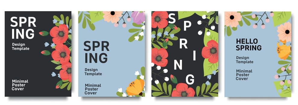 Set of trendy minimal spring posters with bright beautiful flowers and modern typography. Spring background, cover, sale banner, flyer design. Template for advertising, web, social media. vector