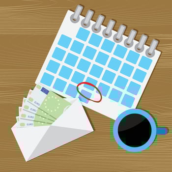 Payment of wages top view. Envelope with euro banknotes and calendar with marked day. Vector illustration