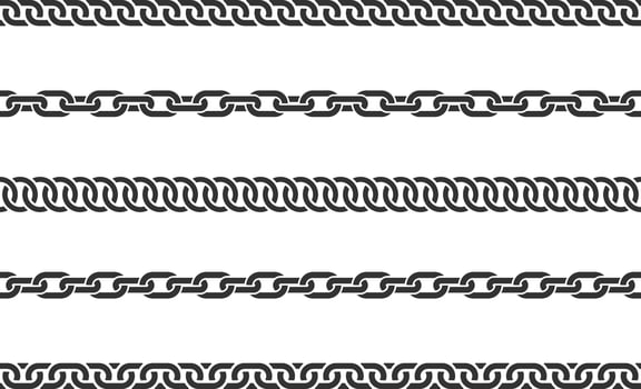 Set seamless chain link. Different chains silhouette black and white isolated on background. Chainlet line design elements. vector