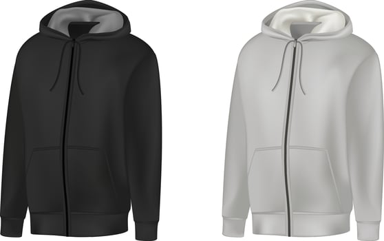 Blank black, gray mens hoodie sweatshirt long sleeve. Male hoody with hood front view. Vector template sport winter clothes for design mockup, print, isolated on white background
