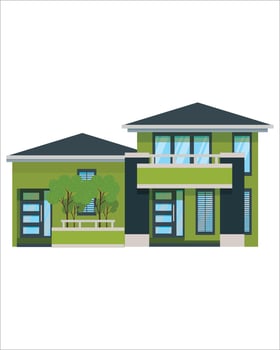 Elegant green residential house. House exterior architecture. Residential suburban real estate. Flat graphic vector illustration