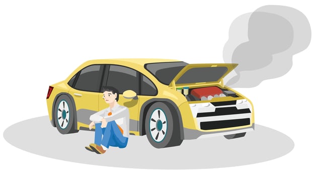 Vector or Illustrator of driving man sits sadly and waits for something next to the car. Yellow passenger car was emitting a lot of smoke with the hood open.Isolated white background.