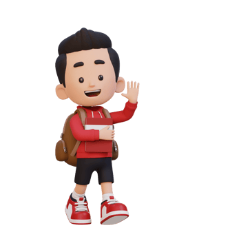 3D happy kid character walking go to school holding book and waving hand png