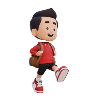 3D happy kid character walking go to school holding bag png