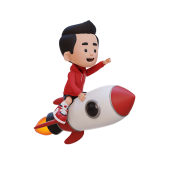 3D kid character riding a rocket and pointing hand png