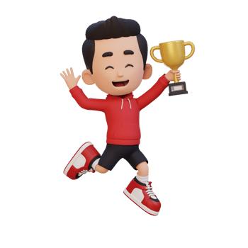 3D kid character celebrating win holding a trophy png