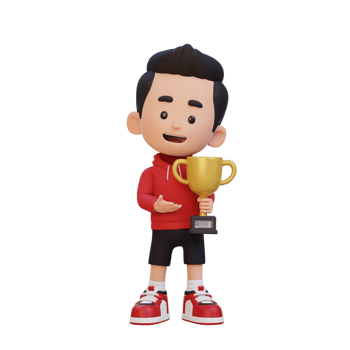 3D kid character celebrating win holding a trophy png