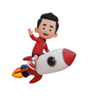 3D kid character riding a rocket and waving hand png