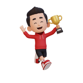 3D kid character celebrating win holding a trophy png