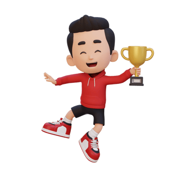 3D kid character celebrating win holding a trophy png