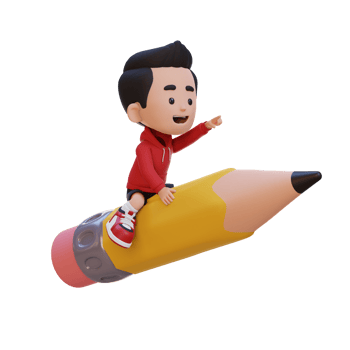 3D kid character riding a pencil and pointing hand png