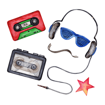 Headphones, sunglasses, audio cassette, portable player, star mini set. Hand drawn watercolor illustration isolated on transparent background. 80s 90s style retro design elements. Youth, teen culture. png