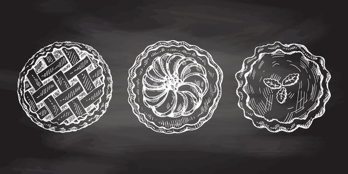 Hand-drawn vintage set of traditional cakes and pies sketch on chalkboard background. Sweet bakery. Top view. Vector collection of ink baking illustration. Food for Thanksgiving, Christmas.