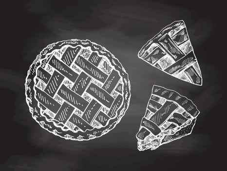Hand-drawn vintage set of whole and pieces of traditional apple pie sketches on chalkboard background. Sweet . Top view. Vector collection of ink baking illustration. Food for Thanksgiving, Christmas.