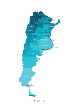 Vector isolated illustration. Simplified administrative map of Argentina. White background and outline. Names of Argentinean cities and provinces