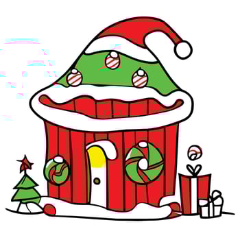 a cartoon house with a santa hat on top vector