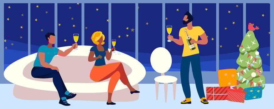 Friends celebrating New Year, gifts, champagne, glasses, Christmas tree, presents, Christmas Eve, Vector illustration, hand drawn, not AI