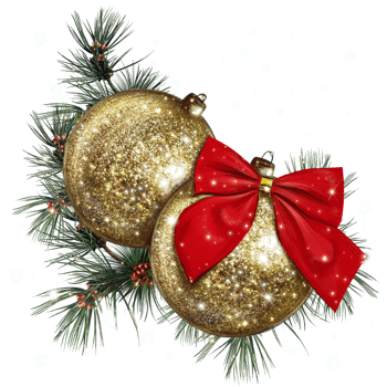 shiny golden Christmas balls decorations with a red bow in the fir branches png