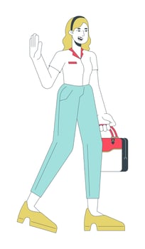 Happy office worker female leaving office 2D linear cartoon character. Blonde caucasian employee isolated line vector person white background. Goodbye businesswoman color flat spot illustration
