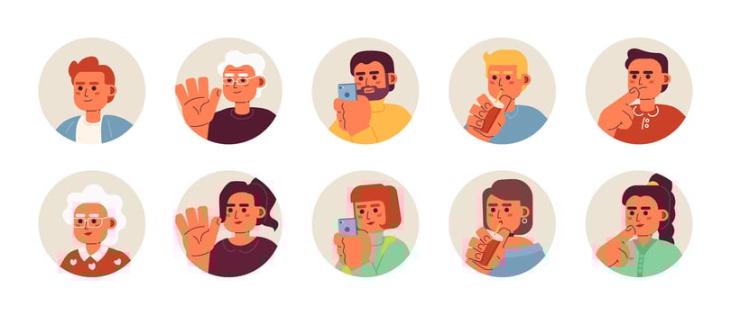 Caucasian different aged 2D vector avatars illustration bundle. Europeans women, men cartoon character faces collection. Young adult mature people flat color user profiles images isolated on white