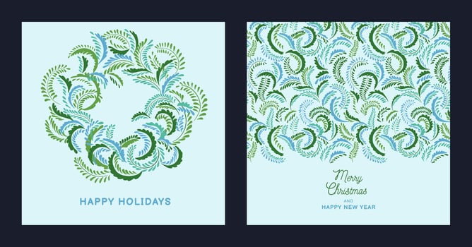 Set holiday cards. Template with Christmas wreath and unique floral frame ornament. Xmas and happy new year postcard. Illustration of printing, corporate invitation, greeting cards. vector