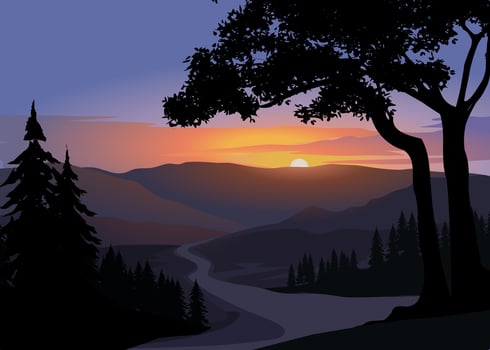 Mountain forest sunse with rivert. Vector nature landscape