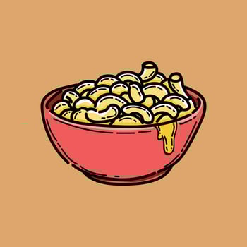 mac and cheese illustration design vector clipart in a red bowl, comfort food, breakfast, lunch, dinner, western food